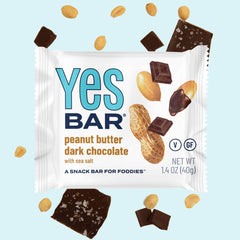 YES Bar Peanut Butter Dark Chocolate snack bar with creamy peanut butter, dark chocolate, and whole nuts.